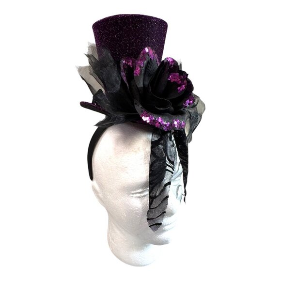 Vtg Goth Halloween Black Rose Purple Glitter Mini Top Hat Fascinator Headband - Picture 2 of 7
